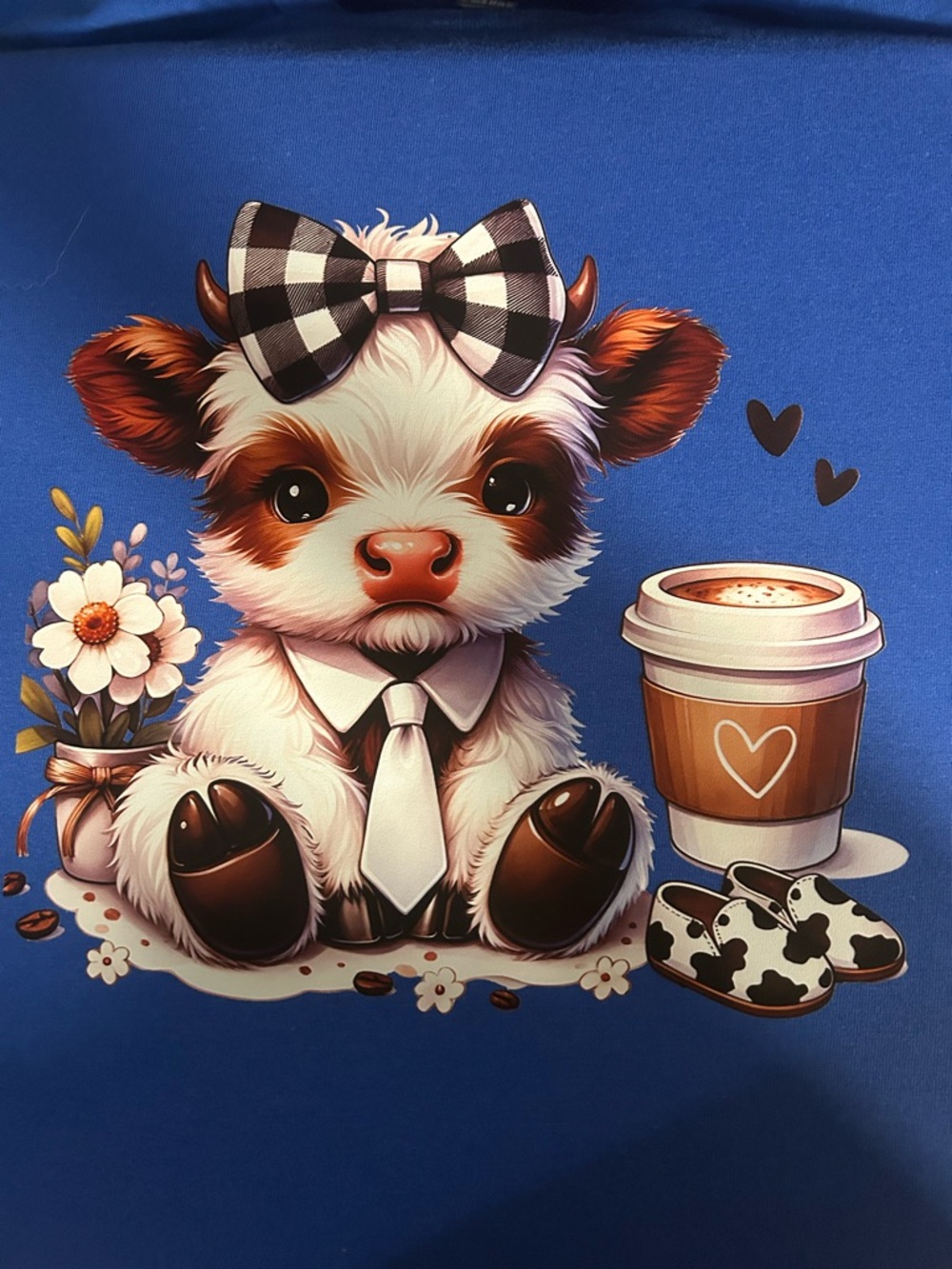 Gildan Blue Tee with Cute Highland Cow Graphic and Coffee Cup Large